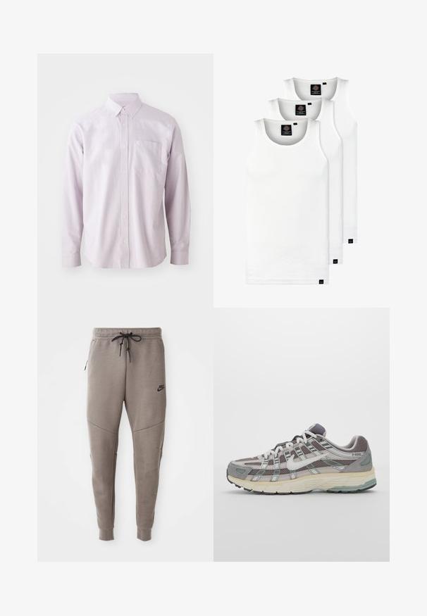 Camicia a maniche lunghe color viola chiaro, realizzata in cotone, con taschino sul petto e colletto classico con bottoni bianchi.; Tre canotte bianche a coste in cotone. Presentano un colletto rotondo e piccole etichette nere vicino all'orlo. Disponibile in diverse taglie.; Pantaloni sportivi Nike grigi con cintura regolabile, gambe affusolate, tasche laterali e dettagli di cucitura distintivi. Tessuto morbido e texture.; Scarpa sportiva grigia con tomaia in mesh e suede, dettagli bianchi, suola ammortizzata e un design distintivo con elementi riflettenti.