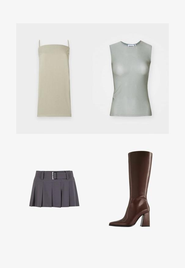 Svetlo bež camisole top z ozkimi naramnicami, izdelan iz teksturirane tkanine. Ravnega kroja brez vzorcev ali dodatnih poudarkov.; Svetlozeleni top brez rokavov iz gladkega blaga, z visokim ovratnikom in prilegajočim krojem. Brez vidnih kovinskih delov ali vzorcev.; Siva plisirana mini krila z gladko teksturo, ki ima širok pas, zanke za pas in pravokotno srebrno zaponko.; Rjava usnjena škornja do kolen z zašiljenim prstom in grobim srednje visokim petom, prikazana v stranskem profilu na belem ozadju.