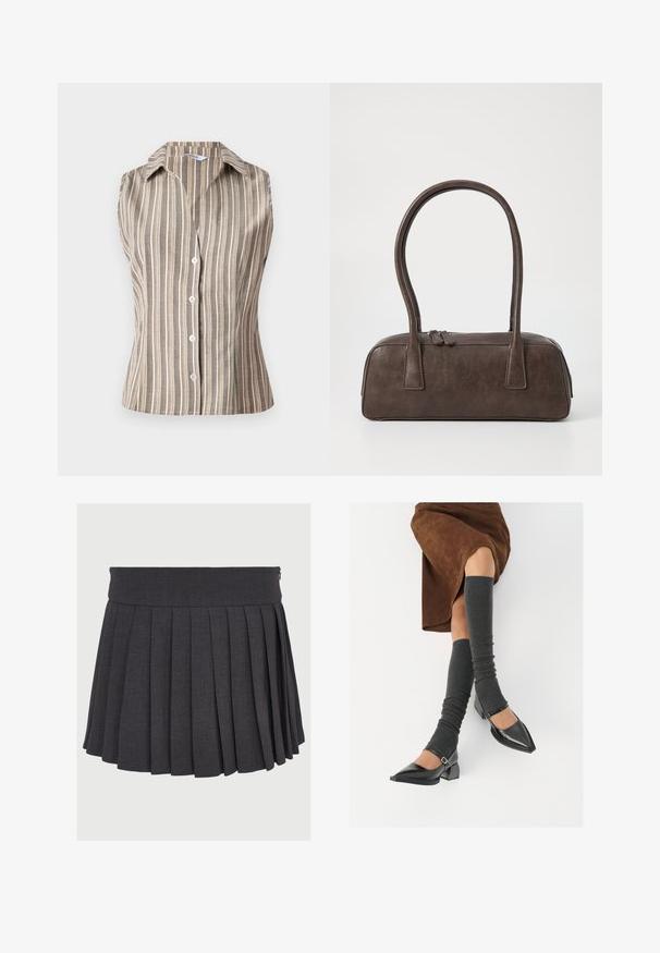 Sleeveless, collared shirt in tan with white vertical stripes. Features front buttons and a fitted design. Textured, lightweight fabric.; Gray pleated skirt with a flat waistband and zipper closure, made from a textured fabric, featuring evenly spaced deep pleats.; Black patent leather pointed-toe shoes with a block heel and ankle strap, paired with gray ribbed leg warmers and a brown suede skirt.; Brown leather handbag with two sturdy handles, rectangular shape, smooth texture, and zip closure. Minimalist design with no visible patterns.