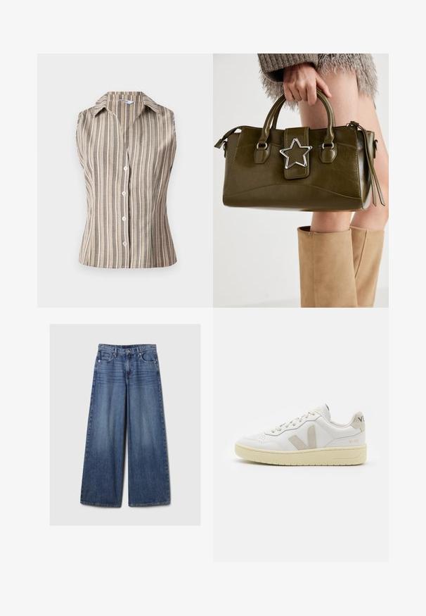 Sleeveless, collared shirt in tan with white vertical stripes. Features front buttons and a fitted design. Textured, lightweight fabric.; Wide-leg blue denim jeans with a faded finish, featuring a button and zipper closure, five pockets, and belt loops.; White leather sneaker with beige suede accents, perforated toe box, flat laces, and a textured cream sole. Features subtle branding on heel.; Olive green faux leather handbag with silver star accent, dual handles, and a zip closure. Textured surface and structured shape.
