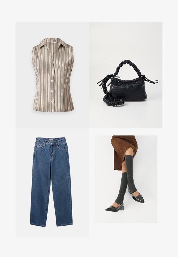 Ärmelloses, kragenloses Hemd in Beige mit weißen vertikalen Streifen. Verfügt über Frontknöpfe und eine taillierte Passform. Strukturiertes, leichtes Material.; Klassische blaue Denim-Jeans mit geradem Bein, fünf Taschen und Knopfverschluss. Sie verfügen über eine mittelblau gewaschene Optik und sind aus robuster Textur.; Schwarze lacklederne spitze Schuhe mit Blockabsatz und Knöchelriemen, kombiniert mit grauen gerippten Beinstulpen und einem braunen Wildlederrock.; Schwarze Handtasche aus Kunstleder mit Krokodilstruktur, gerafftem oberen Teil und einem geschoppten Tragegurt. Sie wirkt weich und kompakt im Design.