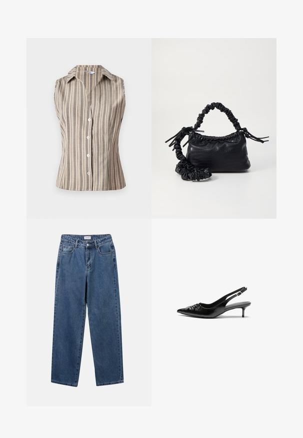 Ærmeløs, krave skjorte i tan med hvide lodrette striber. Har frontknapper og en tætsiddende design. Tekstureret, letvægtsstof.; Klassiske blå denimbukser med lige ben, fem lommer og knaplukning. Har en medium vask og en robust tekstur.; Sorte læderslippers med spidse tæer, lille kitten hæl og en dekorativ knude detalje foran. Glat tekstur hele vejen rundt.; Sort kunstlæder håndtaske med krokodilteksur, indsnøret top og en sammenkrøben rem. Ser blød og kompakt ud i designet.