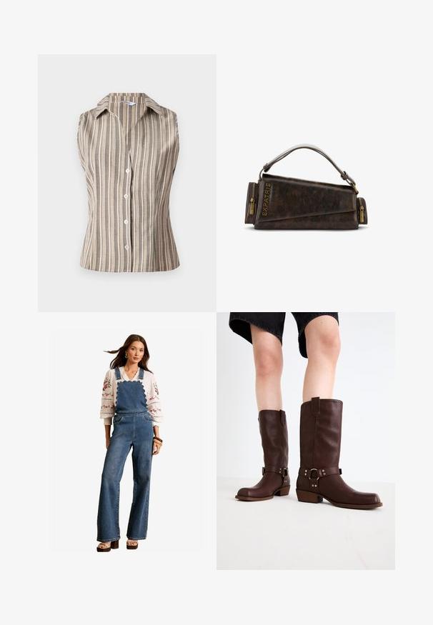 Sleeveless, collared shirt in tan with white vertical stripes. Features front buttons and a fitted design. Textured, lightweight fabric.; Denim overalls with a scalloped design at the bib, flared legs, and side pockets. Paired with a white embroidered blouse and wooden accessories.; Brown leather knee-high boots with a rounded toe, textured surface, ankle strap, and silver hardware detail; stacked heel.; Brown leather handbag with a geometric design, featuring a top handle and brass zipper accents. Logo embossed on the side.