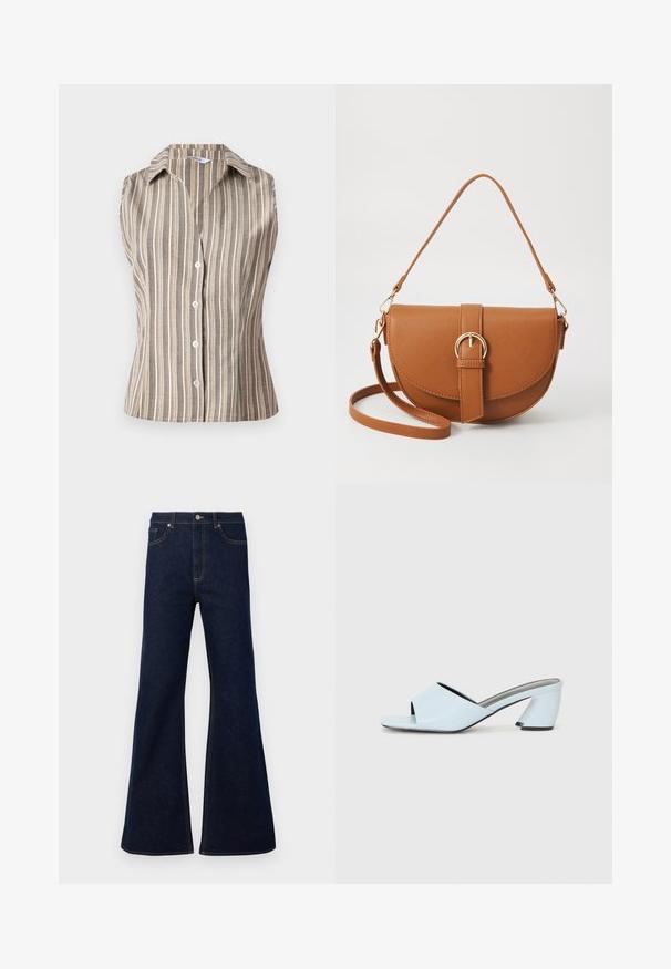 Ermeløs skjorte med krage i tan med hvite vertikale striper. Har frontknapper og en tettsittende design. Teksturert, lett stoff.; Mørkeblå vide denimjeans med høy midje, frontlommer og gyldne sømdetaljer. Glatt tekstur med tradisjonell passform.; Lyseblå åpne tå hæl mules med geometrisk design, med en bred stropp over foten og en fyldig, vinklet hæl.; Brun lærcrossbody-veske med en buet form, gullhardware og et spenneakcent. Har en avtakbar skulderreim.