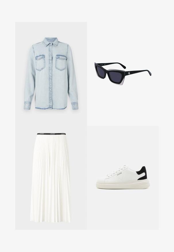 Svijetloplava traper košulja s oštrim ovratnikom, gumbima sprijeda i dva džepa na prsima. Ima šivane detalje i blago strganu donicu.; Gubasta bela krila z črnim elastičnim pasom, ki nosi logotip "LACOSTE". Srednje dolga zasnova z mehkobo tkanine.; Bele usnjene športne copate z debelim belim podplatom, črnimi semišnimi detajli na peti in utisnjenim logotipom na strani. Zavezovanje s šestimi luknjicami.; Črne prevelike sončne očala geometrijske oblike, z temnimi lečami in kontrastno sivo podrobnostjo na okvirju. Logo na ročaju.