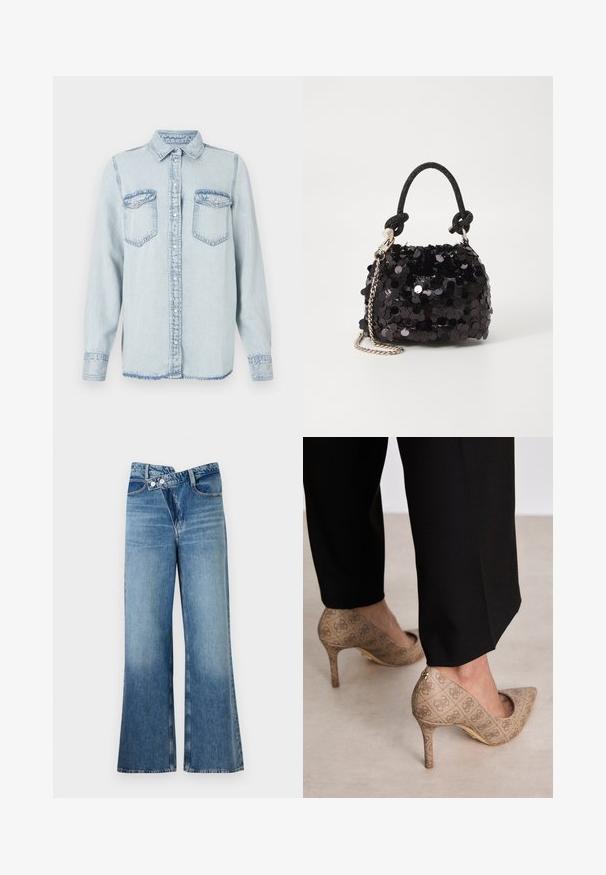 Light blue denim shirt with a pointed collar, button front, and two chest pockets. Features stitched detailing and a slightly frayed hem.; White long-sleeve bodysuit with a round neckline. Features "GUESS" logo and "EST.1981" printed in black on the front. Smooth texture.; Light blue denim flared jeans with a high waist, featuring two buttons and front pockets. Fabric has a faded texture with subtle variations.; Beige high-heeled shoes with a textured fabric featuring a repeating pattern. Pointed toe design with a back accent and gold heel detail.; Black sequin mini handbag with a knotted textured strap and silver chain. Rounded shape with gathered top and reflective detailing.