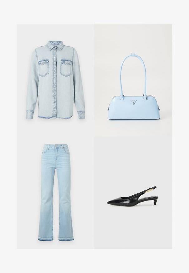 Camisa de denim azul claro com colarinho pontudo, fecho de botões na frente e dois bolsos no peito. Apresenta detalhes cosidos e uma bainha ligeiramente desfiada.; Jeans flare azul claro feitos de denim, com uma cintura alta, bolsos frontais e uma bainha desgastada nas bainhas para um look casual.; Saltos slingback em couro preto com bico fino, apresentando um salto esguio e um detalhe em tom dourado na alça ajustável. Textura suave.; Bolsa de mão azul claro com uma forma estruturada, material de couro suave, duas alças e um logótipos triangular na parte da frente. Fecho com zíper.