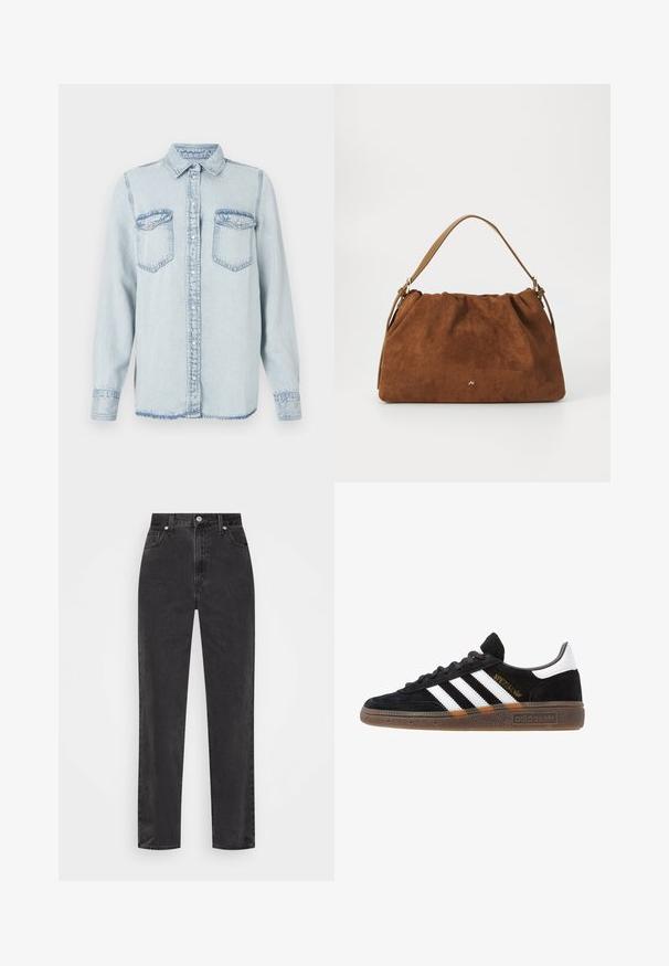 Ljusblå jeansskjorta med spetsig krage, knäppning fram och två bröstfickor. Har sömsömmar och en något fransad fåll.; Svarta jeans med rak benstil och hög midja, framknapp och dragkedja, samt fem fickor mot en vit bakgrund.; Svarta Adidas-sneakers med vita ränder, guld "Spezial" text, gummisulor och vit hälflik, visade i profilvy.; Brun mockaläderhandväska med ett samlat mönster, som har en enkel rem i tanläder och en subtil guldfärgad logotypdetalj på framsidan.