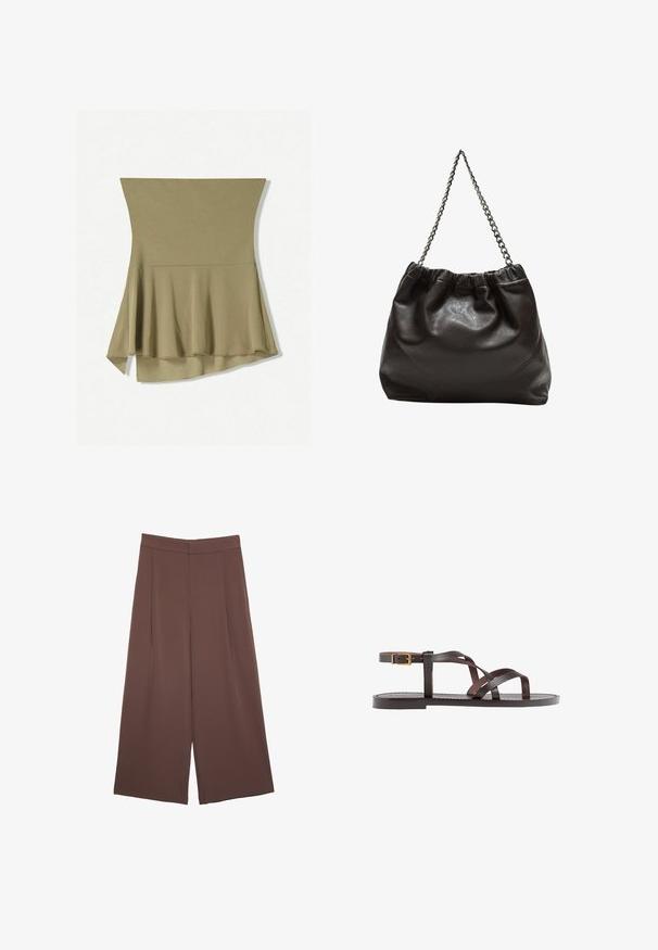 Top senza maniche verde oliva con un design svasato, caratterizzato da un orlo posteriore più lungo. Realizzato in tessuto morbido e elasticizzato con una texture liscia.; Pantaloni ampi marroni con una texture liscia, caratterizzati da una vita alta e pieghe frontali. Il tessuto è leggero e scorre liberamente.; Sandal in pelle marrone con cinturini incrociati, chiusura con cinturino alla caviglia e suola piatta con dettagli di cucitura minimi.; Borsa in pelle marrone con parte superiore arricciata e tracolla a catena. Texture liscia con finitura lucida e dettagli di cucitura sottili sui lati.