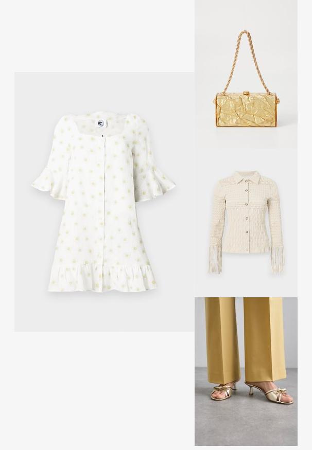 Knit cream button-up shirt with a textured pattern, a collar, and fringed sleeves. Features metallic buttons and a fitted design.; White dress with short flared sleeves, square neckline, button front, ruffled hem, and a pattern of small yellow daisies throughout.; Stuart Weitzman FELICITY BOW SLIDE - Heeled mules - platino; Gold crumpled-texture handbag with a rectangular shape, featuring a chain strap and a clasp closure on top. Smooth, shiny finish.