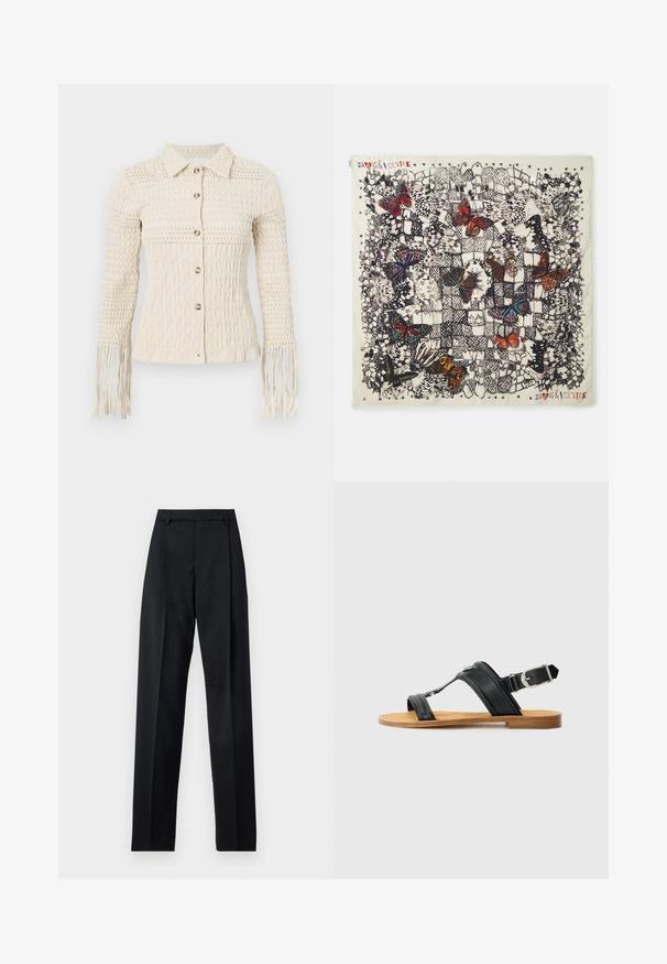 Knit cream button-up shirt with a textured pattern, a collar, and fringed sleeves. Features metallic buttons and a fitted design.; Black trousers made from smooth fabric featuring a high waist, wide legs, front pleats, and classic belt loops. No side pockets visible.; Black leather sandal with adjustable buckle, flat tan sole, and two wide straps crossing over the foot, minimalistic design.; Square silk scarf featuring detailed butterfly illustrations in various colors on a light background, with black outlines and decorative patterns.