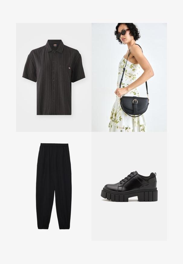 Kortärmad svart skjorta med vertikala vita ränder, spetskrage, knappknäppning och en bröstficka med en logotyp.; Svarta, lätta byxor med elastisk midja och samlade ankleder. Tyget är slätt och har en avslappnad, avsmalnande design.; Svarta läderplattformsskor med en kraftig blockklack, rund tå och traditionell snörningsdesign. Har en slät textur och minimal detaljering.; Svart läderhandväska med en böjd form, avtagbar rem och guldiga detaljer. Väskan har ett lock med en spänndetalj.