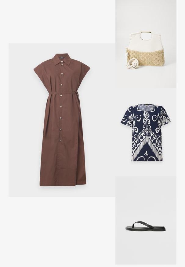 Tumesinine pluus valgete abstraktsete lille- ja geomeetriliste mustritega. Ümmargune kaelus, lühikesed varrukad, pehme kangas kergelt tekstureeritud pinnaga.; Pruun nööpidega kleit, millel on krae, lühikesed varrukad, vöökoht ja pikk, voolav disain. Sile puuvillane kangas.; Musta sussumood, mis on valmistatud siledast nahast. Sellel on õhuke rihma disain ja lame tald minimaalsete joontega. Mingeid silmatorkavaid mustreid või aktsente ei ole.; Valge nahast käekott, mille alumine osa on tekstureeritud kreemjas kudumiga. Kott on varustatud kuldse käepidemega ja keerdus valge rihmaga, mis lisab mitmekesisust.