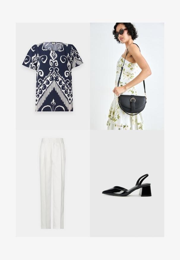 Navy blue top with white abstract floral and geometric pattern. Round neckline, short sleeves, soft fabric with a slightly textured finish.; White pinstriped trousers with a straight leg design, made from a lightweight fabric. Features pleats at the front and a traditional waistband.; Black patent leather slingback heels with a pointed toe and a geometric block heel. Features a sleek, minimal design and smooth texture.; Black leather handbag with a curved shape, detachable strap, and gold hardware. The bag features a flap with a buckle detail.