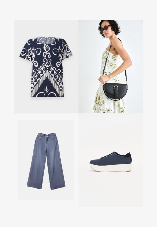 Navy blue top with white abstract floral and geometric pattern. Round neckline, short sleeves, soft fabric with a slightly textured finish.; Wide-leg denim jeans in a light blue wash, featuring a high waist, front pockets, and a button closure with belt loops.; Navy blue sneaker with a textured fabric upper, white platform sole, rounded toe, and black heel accent. Features six eyelets for laces.; Black leather handbag with a curved shape, detachable strap, and gold hardware. The bag features a flap with a buckle detail.