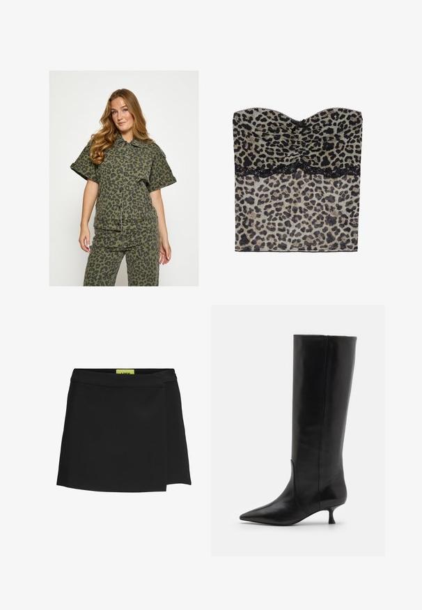 Green leopard print shirt with a collared neckline, short sleeves, and button-front closure, made from textured fabric.; Leopard print strapless top with ruched texture, black lace trim along the bottom, crafted from lightweight fabric.; Black wrap skirt made of smooth fabric, featuring a high waist and a side slit. Label is visible in a contrasting bright yellow color.; Stuart Weitzman BOOT - Boots - black