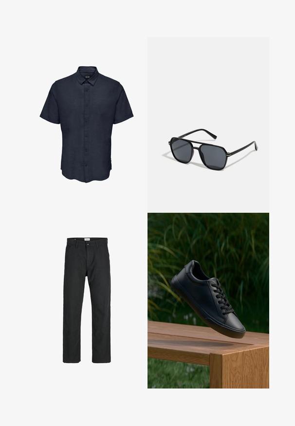 Only & Sons ONSCAIDEN - Vapaa-ajan kauluspaita - night sky; Mustat housut kestävästä kankaasta, suorat lahkeet, ommeltuja yksityiskohtia ja kaksi etutaskua toiminnallisuutta varten.; Musta nahkakengät, joissa on sileä pinta, pyöreä kärki ja litteät nauhat, aseteltu puupinnan ylle, taustalla vihreää ruohoa.; Musta aurinkolasit, joissa on oktaalinen kehys, tummat linssit, kiiltävä pinta, ohuet templesit ja kultaiset yksityiskohdat etupuolella.