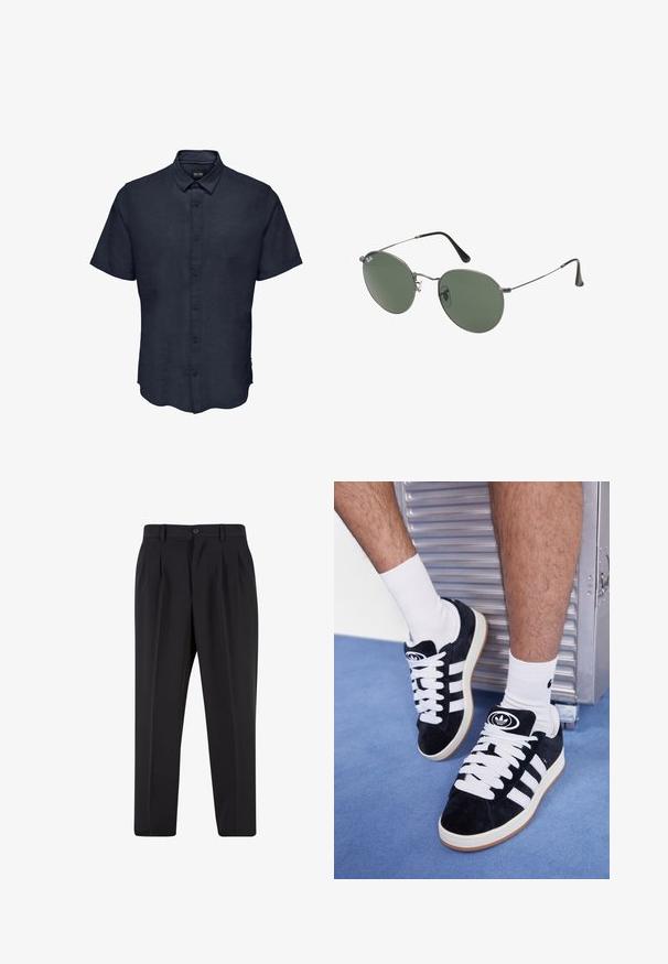 Only & Sons ONSCAIDEN - Košile - night sky; Černé kalhoty s plisovaným předním designem, vyrobené z hladké tkaniny. Obsahují zapínání na knoflík a poutka na opasek; rovný střih.; Černé semišové tenisky s bílými tkaničkami a třemi bílými pruhy. Mají kulatou černou logo na jazyku a gumovou podrážku.; Sluneční brýle s kovovým rámem a oválnými zelenými skly. Tenký stříbrný kovový rám a černé chrániče uší. Minimalistický design, žádné viditelné logo.