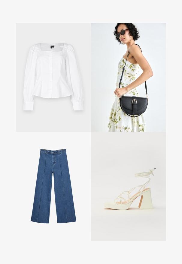 Blusa bianca con scollatura quadrata, apertura a bottoni frontale, maniche lunghe a palloncino e vita aderente. Realizzata in tessuto liscio con una leggera lucentezza.; Jeans in denim a gamba larga di blu medio, con vita alta, chiusura con bottone e dettagli delle cuciture verticali a contrasto lungo la parte anteriore.; Sandalo bianco con tacco alto, caratterizzato da un design a cinturini e un legaccio alla caviglia. Texture liscia con una piattaforma frontale per un'altezza aggiuntiva.; Borsa a tracolla nera in pelle con una forma curva, manico rimovibile e accessori dorati. La borsa presenta una patta con un dettaglio a fibbia.