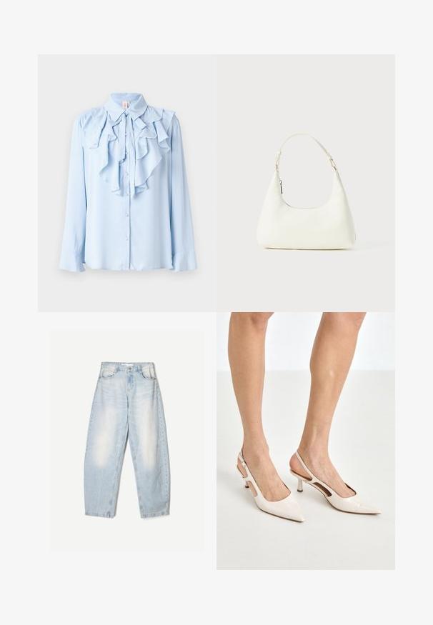 Ljusblå blus med lång ärm och volangdesign längs kragen och framknäppningen, med knäppningar och en mjuk tygtextur.; Ljusblå spetslinne med tunna remmar, prytt med en vågig spetskant och blommönster, designad för en figurnära silhuett.; Ljust blå denimjeans med en lös passform, med en urblekt finish, två framfickor och en knappstängning vid midjan.; Beige lackläder slingbackklackar med spetsig tå och 5 cm klack, med utskurna sidor och ett tunt ankelband.; Liten vit axelväska med en justerbar rem och dragkedjestängning, placerad mot en enfärgad vit bakgrund.