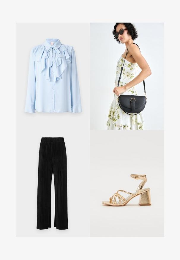 Light blue long-sleeve blouse with a ruffled design along the collar and front placket, featuring button closures and a soft fabric texture.; Black pleated trousers with an elastic waistband. Features wide legs and a smooth, textured fabric with vertical stripes.; Gold metallic heeled sandals featuring a strappy design, square block heel, and adjustable ankle strap with a buckle. Smooth texture.; Black leather handbag with a curved shape, detachable strap, and gold hardware. The bag features a flap with a buckle detail.