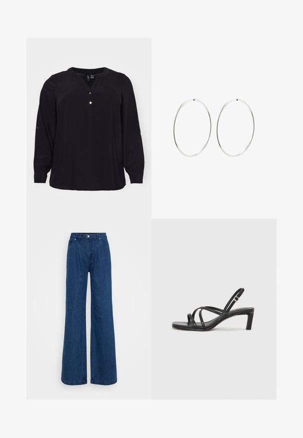 Melnā blūze, kas izgatavota no viegla auduma, ar V veida kaklu un trim zelta pogām. Garas piedurknes ar pogu akcentiem pie aprocēm.; Platas kājas zila denim bikses ar augstu jostasvietu, priekšējo pogu un slēgšanu ar rāvējslēdzēju, kā arī priekšējām un aizmugurējām kabatām uz vienkārša fona.; Melnas strappy sandales ar kvadrātveida purngaliem un zemu bloku papēdi. Ievērojamas ar vairākiem plāniem siksniņām un regulējamu potītes siksniņu. Izgatavotas no gludas ādas.; Sudraba riņķa auskari ar gludu, apaļu dizainu un pulētu apdari. Tie ir plāni un viegli, ar vienkāršu aizdari.