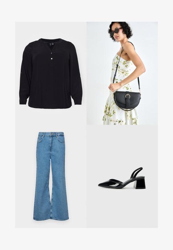 Czarna bluzka z lekkiego materiału, z dekoltem w kształcie litery V i trzema złotymi guzikami. Długie rękawy z guzikowymi akcentami przy mankietach.; Jasnoniebieskie dzwony z denimu, z wysokim stanem, pięcioma kieszeniami i zapięciem na jeden guzik. Miękka tekstura z wyblakłym wykończeniem.; Czarne lakierowane półbuty na obcasie z wydłużonym noskiem i geometrycznym słupkiem. Charakteryzują się eleganckim, minimalistycznym designem oraz gładką fakturą.; Czarna skórzana torebka o zakrzywionym kształcie, z odpinanym paskiem i złotymi akcentami. Torebka posiada klapę z zapięciem w kształcie klamry.