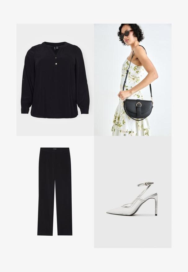 Svart blus i lätt tyg med v-hals och tre guldknappar. Långa ärmar med knappdekor vid manschetterna.; Svarta kordfloddsbyxor med rak snitt, som har en plat midja och inga synliga fickor, slät textur och vertikala ribbdetaljer.; Genomskinlig stilettklackssko med spetsig tå, transparent material, metalliska silverdetaljer och justerbar ankelrem.; Svart läderhandväska med en böjd form, avtagbar rem och guldiga detaljer. Väskan har ett lock med en spänndetalj.