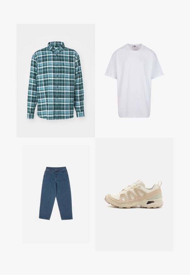 Groen en blauw geruite flanellen overhemden met lange mouwen, knoopsluiting aan de voorkant, kraag en een enkele borstzak. Gemaakt van zachte, gestructureerde stof.; Witte katoenen t-shirt met korte mouwen, ronde hals, relaxte pasvorm en zonder zichtbare logo's of patronen. Gladde textuur en minimalistisch ontwerp.; Blauwe denim jeans met een ontspannen pasvorm, hoge taille, vijf-pocket ontwerp en stikselaccenten. Voorzien van een knoop- en ritssluiting.; Beige en crème sportschoen met een textuur-mesh bovenwerk, ondersteunende overlays en een rubberen zool met een profielpatroon voor grip.