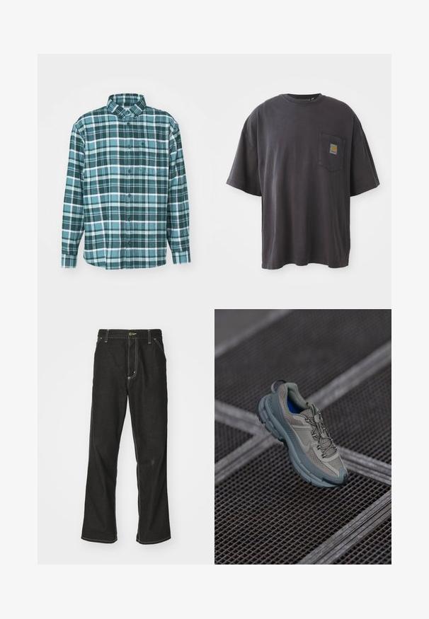 Chemise en flanelle à carreaux verts et bleus avec des manches longues, un boutonnage sur le devant, un col et une poche poitrine simple. Fabriquée en tissu doux et texturé.; T-shirt en coton noir à manches courtes, col rond et poche sur la poitrine gauche avec un patch logo carré. Design simple et sans ornement.; Jean en denim noir avec une coupe ample, comportant des coutures blanches contrastantes, une fermeture à bouton et un design à jambes droites.; Chaussure de sport beige et grise avec une tige en maille texturée, un bout arrondi et une semelle en caoutchouc, comportant des lacets et un col rembourré.