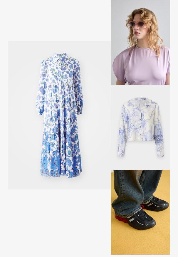 Marella BANJO - Gombos blúz - azzurro polvere; Virágmintás, világoskék és fehér maxiruha. Jellemzője a gombos elöl záródás, hosszú puffos ujjú kialakítás és a különböző mintázatokkal díszített szabdalt szegély.; Fekete sportcipő, hálós felsőrésszel, fényes részletekkel és piros párnázással a talpnál, kék farmernadrággal párosítva.; Rózsaszín árnyalatú napszemüveg geometrikus kerettel, amely egy puha levendula színű felsővel van párosítva, kerek nyakkal és rövid ujjal.