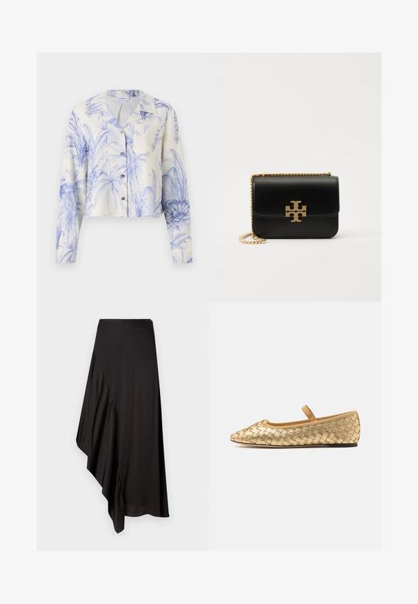 Marella BANJO - Košilová halenka - azzurro polvere; Světle modrá polo košile s krátkým rukávem, žebrovanou texturou, plochým límcem a předním zapínáním s šesti ladícími knoflíky.; AERON ASTER SKIRT - Pouzdrová sukně - black; Loeffler Randall LEONIE SOFT BALLET FLAT - Baleríny s páskem - gold; Černá kožená kabelka se zlatým řetízkovým popruhem a akcentem loga. Má obdélníkový tvar s klopou. Hladká textura.