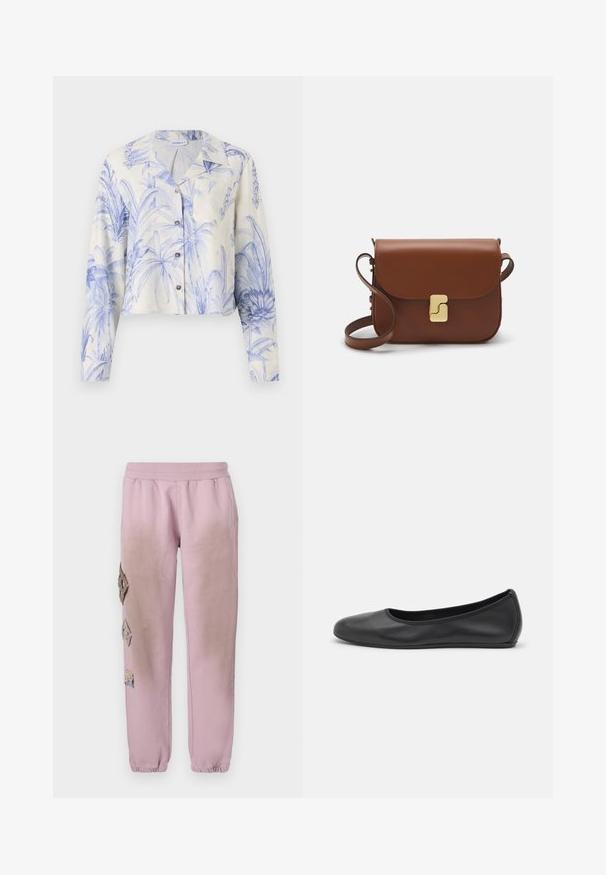 Marella BANJO niebieski; Biała koszulka krótki rękaw wykonana z materiału prążkowanego. Okrągły dekolt, regularny krój i subtelne detale szwów. Bez wzorów ani grafik.; Różowe dresy z elastycznym pasem, zdobione dekoracyjnymi łatkami w kształcie diamentów po lewej stronie oraz elastycznymi mankietami na kostkach.; Czarne skórzane baletki z zaokrąglonym noskiem, gładką fakturą, minimalnymi przeszyciami i elastycznym designem podeszwy.; Brązowa skórzana torebka na ramię z klapką, złotymi detalami, paskiem na ramię i gładką teksturą. Kompaktowy prostokątny kształt.