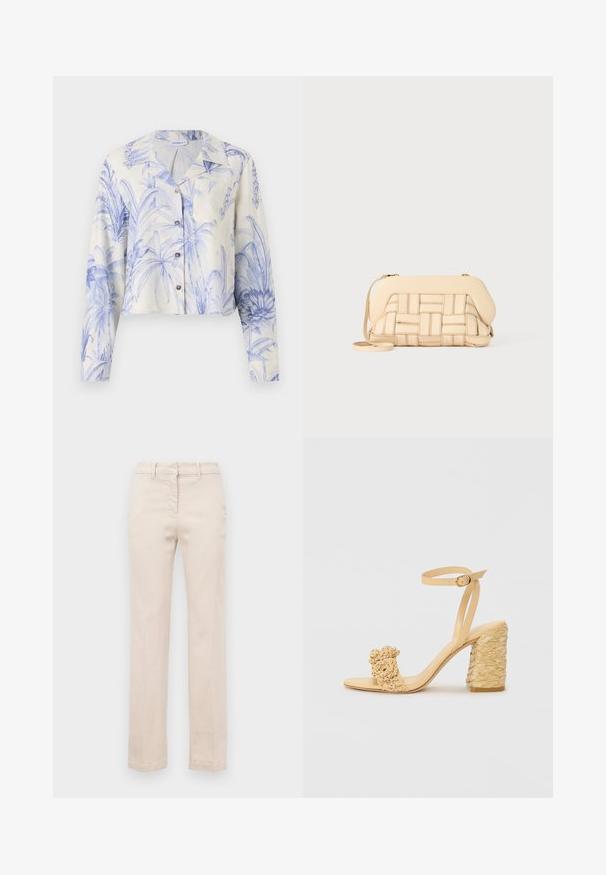 Marella BANJO - Paitapusero - azzurro polvere; Beige puuvillahousut, joissa on mukautettu istuvuus, suorat lahkeet, etuvetoketju ja sileä pinta. Varustettu perinteisillä vyölenkeillä.; Beige korkokengät, joissa on punottu pinta, koristeellinen kukka ja nilkkaremmi. Neliön muotoinen korko lisää vakautta.; Kudottu beige käsilaukku, jonka rakenne on selkeä. Laukussa on sileä päälliosa ja pitkä hihna. Kankaan viimeistely parantaa kokonaisilmettä.