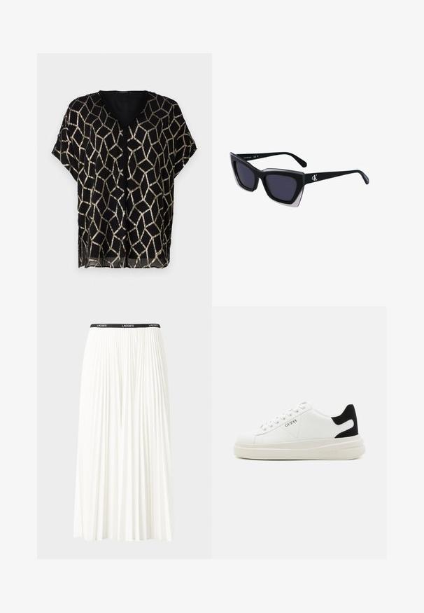 Černá blůza s krátkým rukávem a výstřihem do V, zdobená geometrickým zlatým kovovým vzorem na průhledné tkanině. Lehce a volně střižený design.; Záhybová bílá sukně s černým elastickým pasem s logem "LACOSTE". Suška je střední délky a má jemnou texturu.; Bílé kožené tenisky s tlustou bílou podrážkou, černým semišovým akcentem na patě a vyraženým logem na boku. Šněrovací design se šesti očka.; Černé oversized sluneční brýle geometrického tvaru, s tmavými skly a kontrastním šedým detailem na rámu. Logo na rameni.