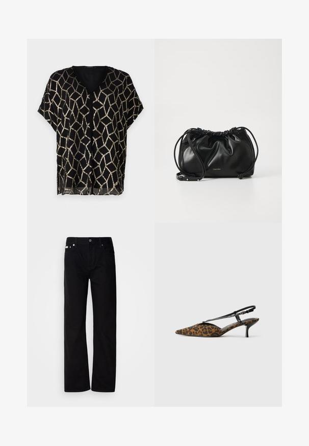 Sort kortærmet bluse med V-hals, der har et geometrisk guldmetallic mønster på en gennemsigtig stof. Let og løstsiddende design.; Sorte denim lige ben bukser med fem lommer, sølvnitter og en knaplukning. Stoffet har en glat, let tekstureret overflade.; Leopardmønstret slingback sko med spids tå, sort rem og en slank hæl. Stofmateriale med en tekstureret overflade.; Sort læderhåndtaske med samlet design, dobbelt snørelukning og aftagelig skulderrem. Har metal-logo detaljer.
