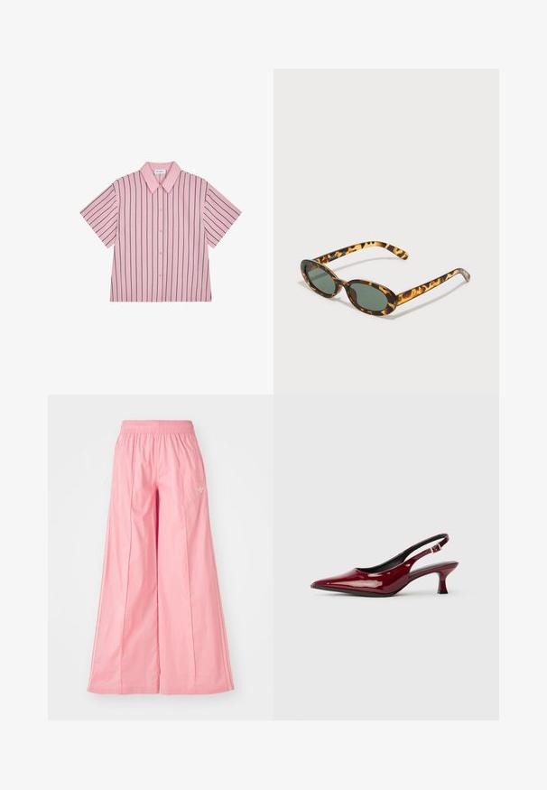 Rövid ujjú, galléros ing, rózsaszín, sötétkék függőleges csíkokkal, gombos elöl, sima anyag, laza szabás, és diszkrét márkacímke a hátsó részen.; Rózsaszín, széles lábú nadrág, könnyű anyagból készült, elasztikus derékkal és finom fehér oldalsávokkal. Kicsi logó az elején.; Burgundi színű, lakkbőr, hátsó pántos magassarkú cipők, hegyes orral és elegáns tűsarkakkal. Nyitott hátsó dizájn, állítható bokapánttal.; Tortúra napszemüveg ovális kerettel, sötétzöld lencsékkel és vékony szárakkal. Az egyik száron diszkrét logó található.