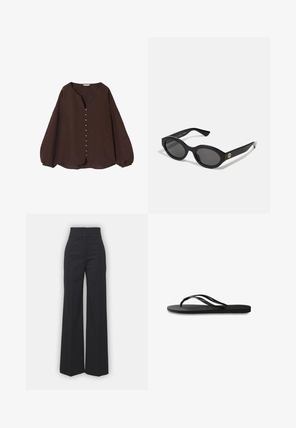 Hnědý dlouhý rukáv top vyrobený z texturovaného materiálu s výstřihem ve tvaru V a zapínáním na knoflíky vpředu, s nařasenými rukávy a zakřiveným lemem.; Kalhoty s širokými nohavicemi z černé tkaniny s vysokým pasem, které mají čistý vzhled a hladkou strukturu. Bez viditelného kování nebo vzorů.; Černé žabky s texturovanou gumovou podrážkou, dvěma štíhlými popruhy a jemným, embosovaným logem na popruhu.; Černé oválné sluneční brýle s tmavými skly a lesklým plastovým rámem. Obsahují zlaté logo na straně, které poskytuje elegantní a moderní design.; Černá kožená kabelka se strukturovaným obdélníkovým tvarem. Obsahuje zlatou oválnou sponu a tenký ramenní popruh. Hladký povrch.