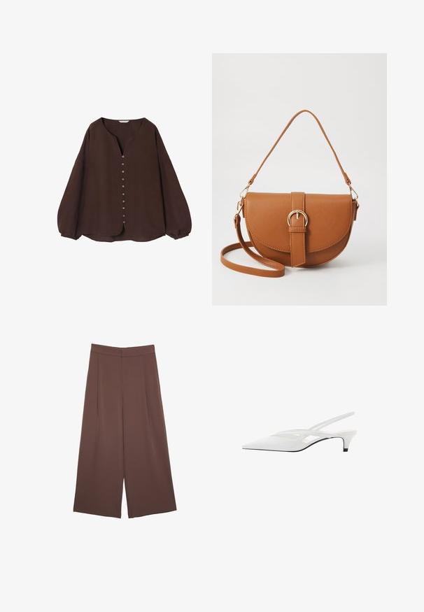 Rjav dolg rokav majica iz teksturiranega materiala z V-izrezom in gumbom ob sprednjem delu, z nabranimi rokavi in ukrivljenim robom.; Rjave široke hlače z gladko teksturo, ki imajo visok pas in sprednje naborke. Tkanina je lahka in prosto pada.; Bela slingback peta z ošiljenim nosom, z gladkim zgornjim delom, subtilnimi izrezi in nizkim blok petkom. Črna podplat poudarja dizajn.; Rjava usnjena torbica prek telesa s ukrivljeno obliko, zlate opreme in sponko. Ima odstranljiv naramni trak.