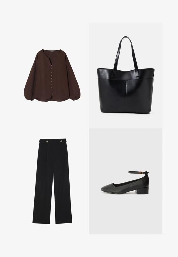 Bluza lungă maro cu mânecă lungă, din material texturat, cu decolteu în V și placket cu butoane în față, având mâneci gathered și tiv curbat.; Pantaloni negri cu picioare largi, talie înaltă, detalii cu butoane pe talie și pliseuri în față.; Pantof cu toc negru din piele, cu vârf ascuțit și toc mic pătrat. Dispune de o curea la gleznă cu o cataramă în tonuri de aur. Textură netedă.; Geantă oversized din piele neagră, cu două mânere lungi, de textură netedă și formă structurată. Are un buzunar frontal pentru stocare suplimentară.