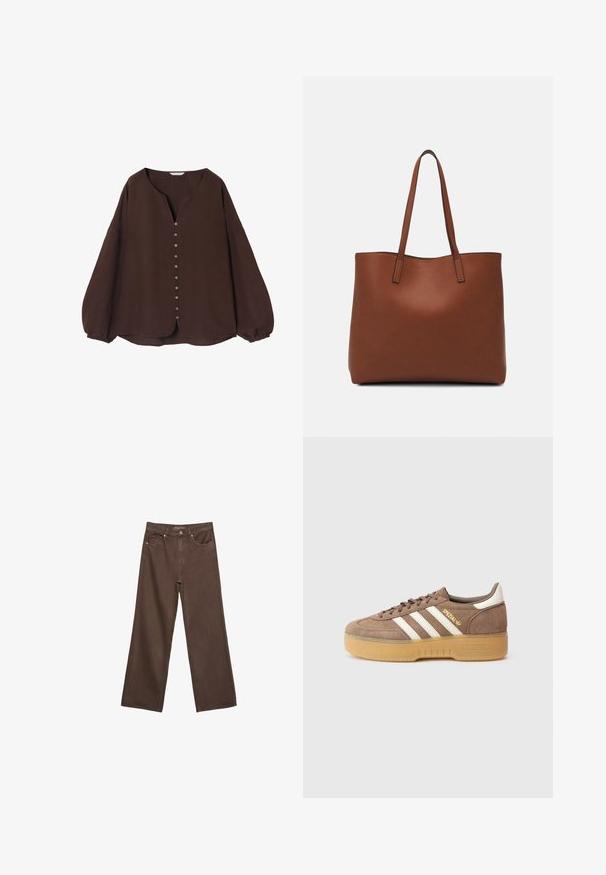 Brown long-sleeve top made of textured material with a V-neckline and front button placket, featuring gathered sleeves and curved hem.; Wide-leg brown jeans made of denim, featuring a high waist, front pockets, and a classic button closure. Smooth texture with subtle stitching.; Brown suede sneaker with three white stripes, golden branding, and a textured gum sole. Rounded toe and padded collar for comfort.; Brown leather tote bag with a smooth texture, open top design, and two shoulder straps. Features minimal stitching and no visible hardware.