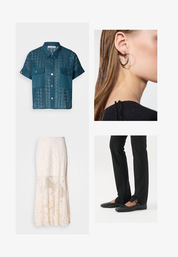 Teal kortærmet bluse med blonde detaljer og to brystlommer. Har knaplukning foran og krave. Tekstureret med hulmønstre.; Sort tanktop lavet af blødt, strækbart materiale. Har en rund halsudskæring og brede stropper, med en tætsiddende silhuet og glat tekstur.; Blomsterdenim midi-skirt i crème; har et lagdelt design med gennemsigtige sektioner, struktureret blonder og en udfladning. ; Sorte læder balletflade sko med spids tå, rem med sølvspænde, parret med sorte skræddersyede bukser med slids i bunden.; Sølv hoop ørestik med en poleret overflade, prydet med små guld accenter og en rund form, båret på øreflippen.