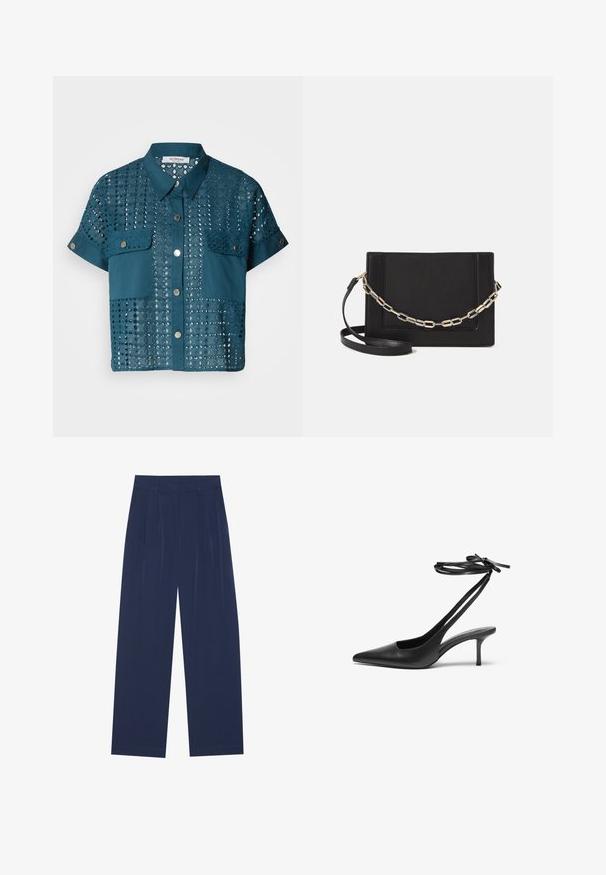 Blusa verde acqua a maniche corte con dettagli in pizzo e due tasche sul petto. Dotata di un'apertura con bottoni e colletto. Decorata con motivi a occhiello.; Pantaloni a gamba larga blu navy realizzati in tessuto morbido, dotati di pieghe frontali, una texture liscia e una vestibilità dritta senza tasche visibili.; Scarpa stiletto nera in pelle con punta affusolata, retro aperto e cinghie alla caviglia legate a fiocco. Tacco sottile di 7,5 cm. Texture liscia, design minimalista.; Borsa a tracolla nera in pelle con una texture liscia, forma rettangolare e dettaglio in catena metallica sul davanti. Inclusa una tracolla regolabile.