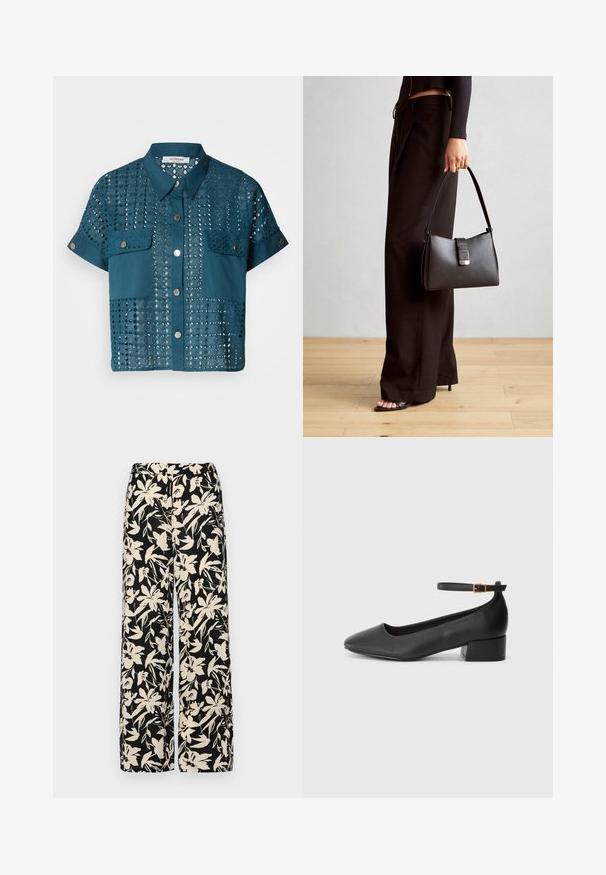 Ceri zaļa īsām piedurknēm blūze ar mežģīņu detaļām un divām krūšu kabatām. Iekļauj pogu aizdari un apkakles kaklu. Ar acu formas rakstu tekstūru.; Melni platie bikses ar krēmkrāsas ziedu rakstu. Izgatavotas no viegla auduma, kuram ir gluda tekstūra un augsta jostasvietas daļa.; Melnas ādas sūkņi ar smailu purngalu un zemu bloku papēdi. Iezīmēts ar potītes siksniņu ar zelta krāsas sprādzi. Gluda tekstūra.; Melnā somiņa ar strukturētu formu, gludu tekstūru un metālu sprādzi. Saskaņota ar platām melnām biksēm un sandālēm ar atvērtu purngalu uz koka grīdas.