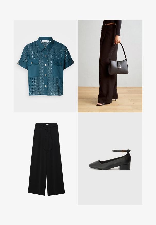Teal blouse met korte mouwen, voorzien van kantdetails en twee borstzakken. Heeft een knoopsluiting aan de voorkant en een kraag. Gemaakt met een structuur van perforaties.; Zwarte wijde broek van textuurstof, met een elastische tailleband en een afneembare sjaalstrik in de taille voor een verstelbare pasvorm.; Zwarte leren pump met een spitse neus en een lage blokhak. Beschikt over een enkelband met een goudkleurige gespsluiting. Gladde textuur.; Zwarte handtas met gestructureerde vorm, gladde textuur en een metalen sluiting. Gecombineerd met brede zwarte broeken en sandalen met open teen op een houten vloer.