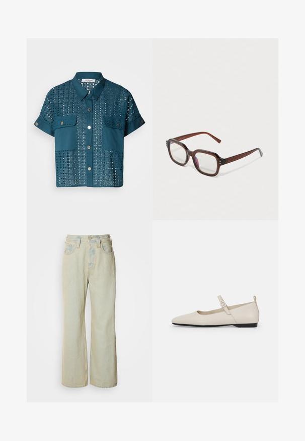 Teal kortærmet bluse med blonde detaljer og to brystlommer. Har knaplukning foran og krave. Tekstureret med hulmønstre.; Lysblå, brede bukser i denim med høj talje, fem lommer og diskret falmning med kontraststikninger.; Hvide læder Mary Jane flade sko med spids tå, sidelukning og lav sort hæl. Glat overflade og minimalistisk design.; Brune halvtransparente rektangulære briller med klare linser, svag lilla refleksion og små guld dekorative prikker i de forreste hjørner.; Sølv hoop ørestik med en poleret overflade, prydet med små guld accenter og en rund form, båret på øreflippen.
