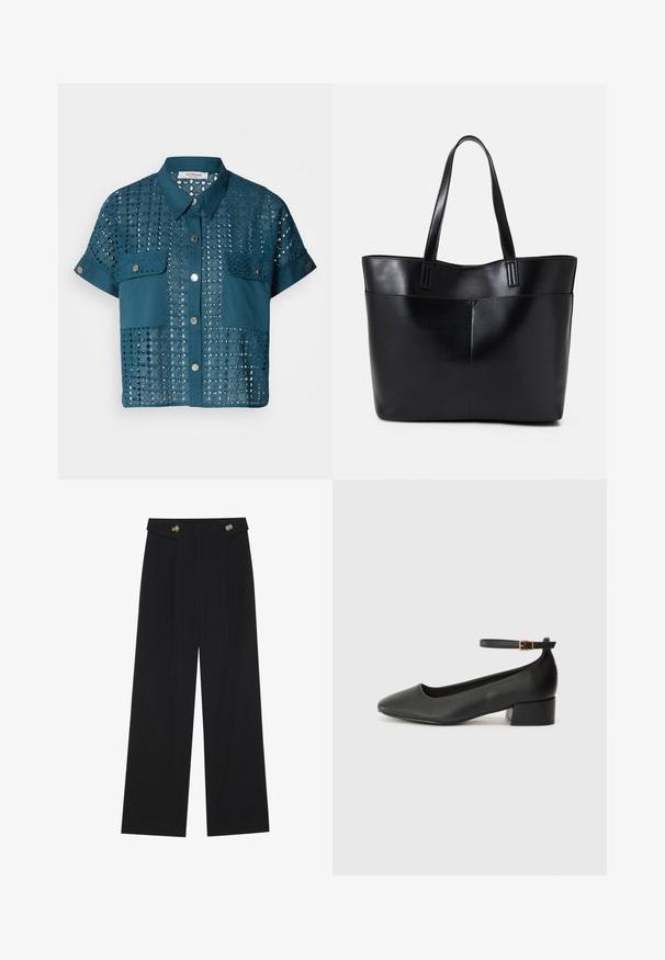 Žalias trumpomis rankovėmis bluzonas su nėrinių detalėmis ir dviem krūtinės kišenėmis. Savybės: sagčių priekyje ir apykaklė. Raštuotas akvilelių modeliais.; Juodi plačios kojos kelnės su aukštu liemeniu, sagų detalėmis ant liemens ir priekinėmis raukšlėmis.; Juodas odinis aukštakulnis batelis su smailiu pirštu ir žemu bloku. Su kulkšnies dirželiu su auksinės spalvos sagtimi. Lygus paviršius.; Juoda odinė rankinė su dviem ilgais diržais, lygiu paviršiumi ir struktūrizuota forma. Yra priekinė kišenė papildomam saugojimui.