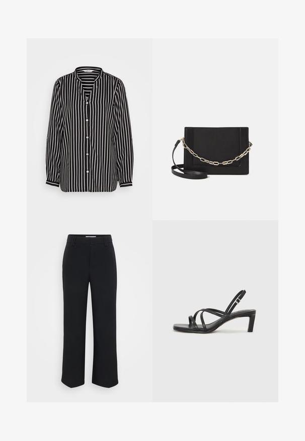 Gestreiftes, schwarz-weißes Hemd mit Knopfverschluss, V-Ausschnitt, langen Ärmeln und entspanntem Schnitt. Verfügt über weiße Knöpfe und kontrastierende Bündchen.; Schwarze weite Hosen mit glatter Textur, ausgestattet mit einem flachen Bund und seitlichen Taschen, entworfen mit einer minimalistischen Ästhetik.; Schwarze Sandale mit Riemchen, quadratischer Zehenform und niedrigem Blockabsatz. Verfügt über mehrere dünne Riemen und einen verstellbaren Knöchelriemen. Hergestellt aus glattem Leder.; Schwarze Leder-Crossbody-Tasche mit glatter Textur, rechteckiger Form und metallic-kettendetail auf der Vorderseite. Verstellbarer Gurt inklusive.; Silberne Creolen mit einem glatten, runden Design und einer polierten Oberfläche. Sie sind dünn und leicht und verfügen über einen einfachen Verschluss.