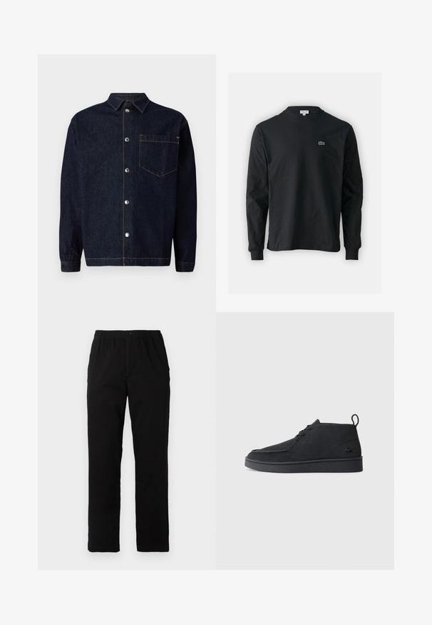 Sötétkék farmer ingdzseki, elülső gombos záródással, hegyes gallérral, mellzsebbel és kontrasztos narancssárga varrási részletekkel.; Fekete hosszú ujjú pamut póló, kerek nyakkivágással, bal mellen egy kis zöld hímzett krokodil logóval.; Fekete pamut keverék anyagú nadrág, egyenes szabású, rugalmas derékrésszel és gombbal, látható minták vagy díszítések nélkül.; Fekete velúr, fűzős bokacsizma, húzófüllel és texturált talppal, oldalt kis, dombornyomott krokodil logóval.