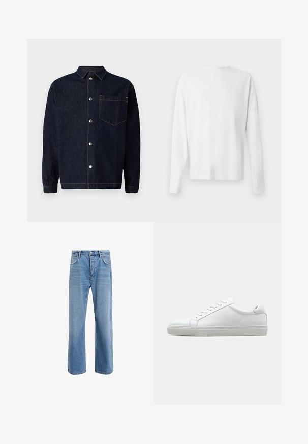 Tmavomodrá džínová košeľa so zapínaním na gombíky vpredu, špicatým golierom, vreckom na hrudi a kontrastnými oranžovými švami.; Biela bavlnená košeľa s dlhými rukávmi a okrúhlym výstrihom, s bočnými rozparkami na spodku a hladkou textúrou, zobrazená zozadu.; Svetlo modré denimové džínsy so strihom rovného nohu, päť vreciek, zapínanie na gombík, minimálne vyblednutie a kontrastné švy.; Biele tenisky s hladkým koženým zvrškom a nízkym profilom. Majú zaoblenú špičku, šesť očiek a štruktúrovanú gumovú podrážku.